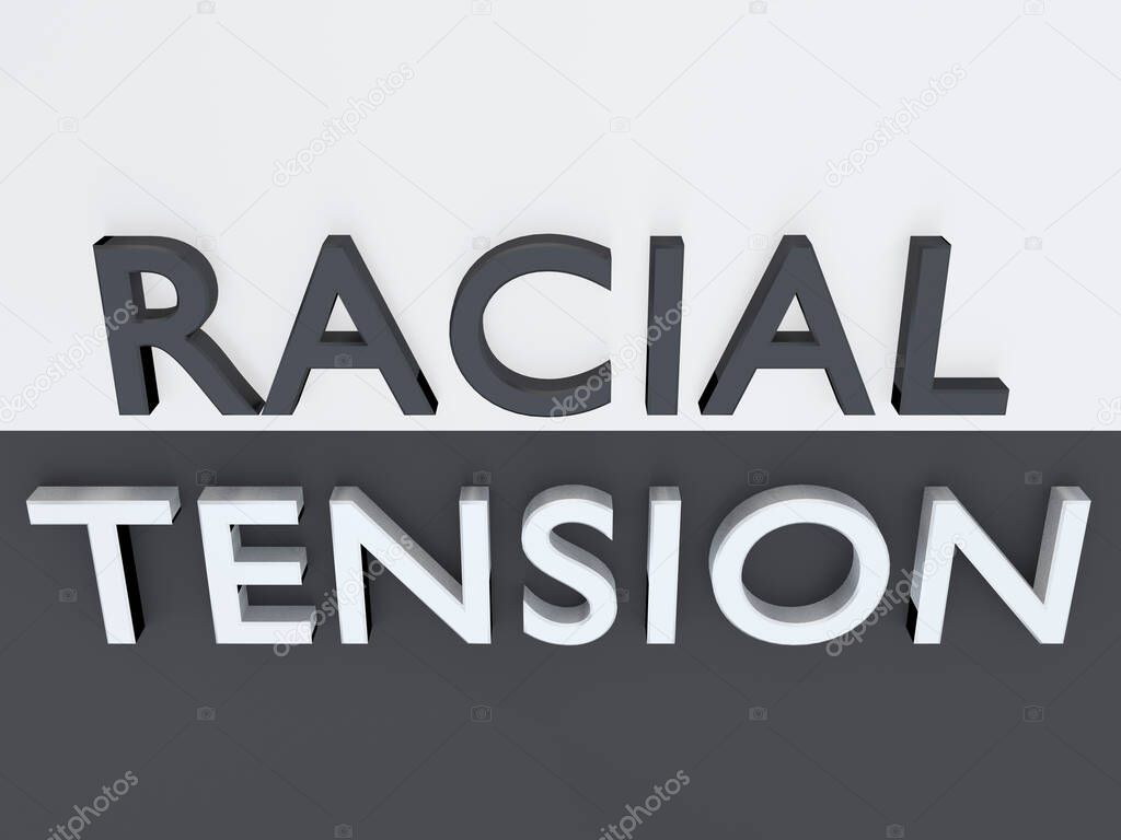 3D illustration of black and white letters forming the words RACIAL TENSION above a plate, split into two parts with the oposit colors.