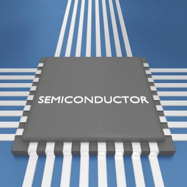 Mavi baskılı devre kartına yerleştirilmiş siyah bir mikroçip üzerindeki bir Chip başlığı üzerinde yarı iletkenin 3B çizimi.