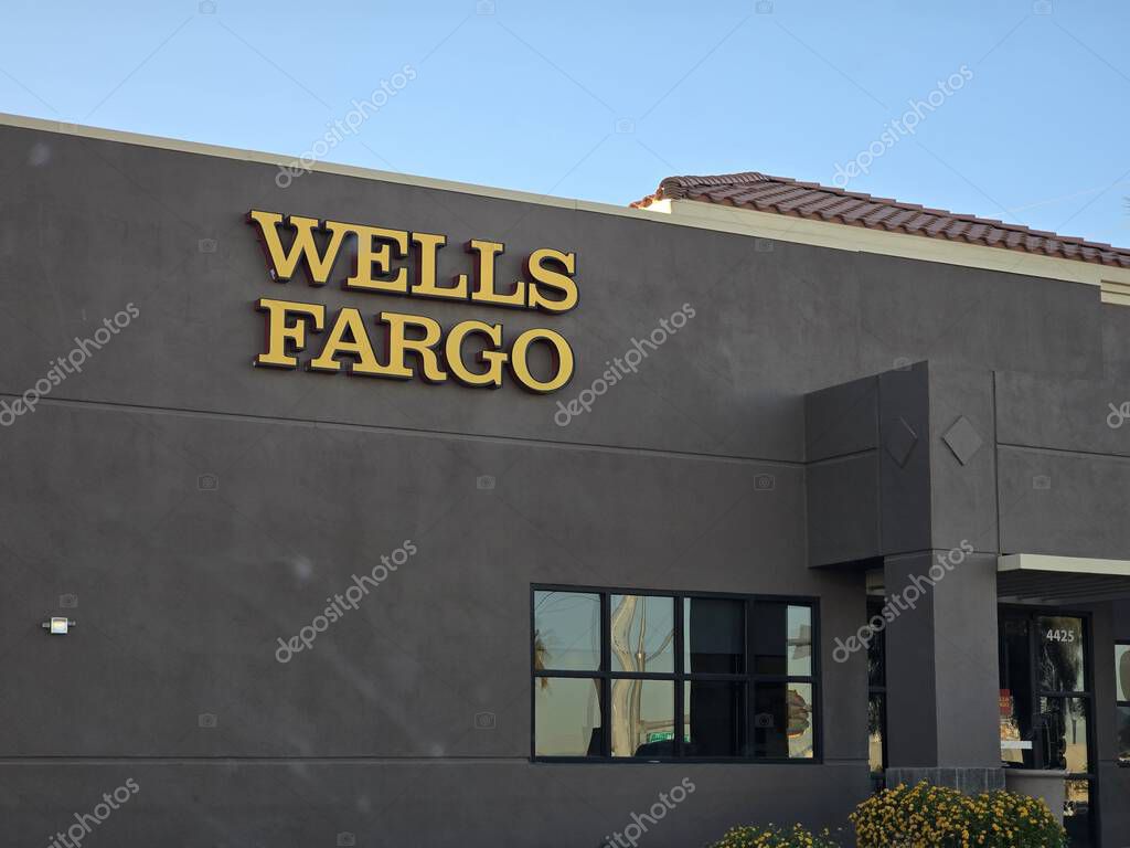 Wells Fargo logo displayed on the facade of a commercial bank building, United States