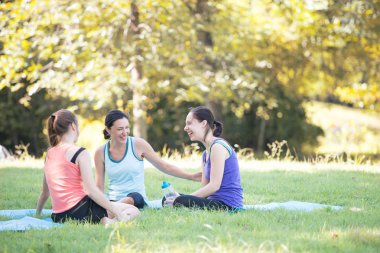Genç Rus anne ve kızına sahip aileler egzersizden bahsediyorlar. Parktaki yoga çalışmasından sonra. Sağlık ve Spor Konsepti