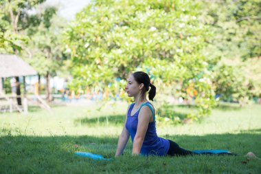 Parkta yoga egzersizi yapan genç bir kız. Sağlık ve Spor Konsepti