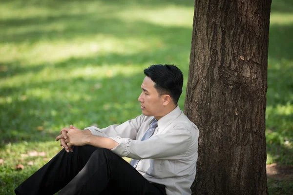 Asyalı iş adamı üzgün ve endişeli bir şekilde oturmuş bir ağaca yaslanıyor. Coronavirus covid-19 salgını iş piyasasını kapatma, ekonomik kriz, ekonomik kriz, işsiz konsepti