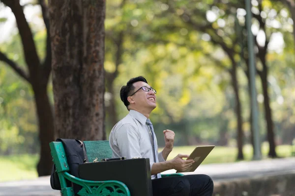 Birlikte siting ve holding başarılı heyecan Asya iş adamları Tamam Evet jest doğa arka planda yumruk