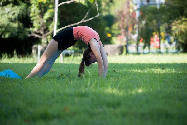 Parkta yoga yapan genç bir kadın. Sağlıklı yaşam tarzı ve rahatlama kavramı.