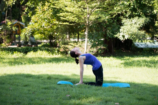 Parkta yoga yapan genç bir kadın. Sağlıklı yaşam tarzı ve rahatlama kavramı.