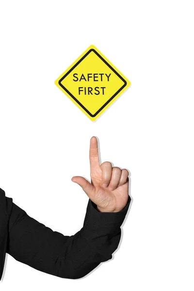 Woman Hand Pointing Finger Warning Label Safety Signs Symbols Safety — Stock Photo, Image