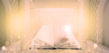 Penceredeki güneşli ve parlak bokeh ışınları ile Doğu arka plan üzerinde sihirli kitap