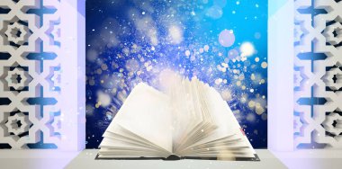 Penceredeki güneşli ve parlak bokeh ışınları ile Doğu arka plan üzerinde sihirli kitap