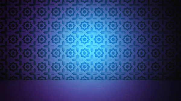 Lege Muur Achtergrond Met Oosterse Volumetrische Sieraad Neon Licht Stralen — Stockfoto