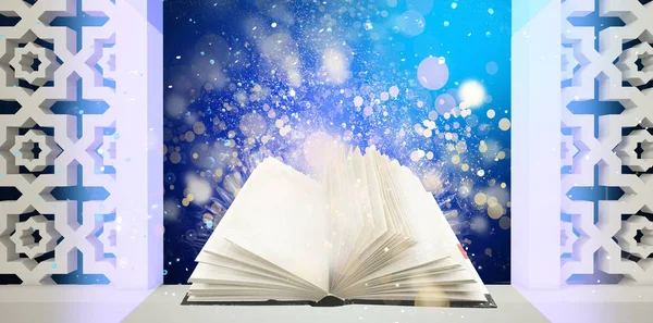 Penceredeki güneşli ve parlak bokeh ışınları ile Doğu arka plan üzerinde sihirli kitap