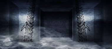 Arka plan bir boş koridor, Bodrum, tuğla, eski duvarları ve neon ışıkları ile tünel. Tuğla duvarlar, neon, duman. Boş arka plan sahne, parlak