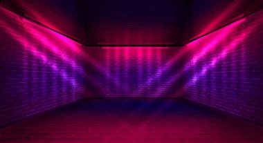 Arka plan bir boş koridor, Bodrum, tuğla, eski duvarları ve neon ışıkları ile tünel. Tuğla duvarlar, neon, duman. Boş arka plan sahne, parlak