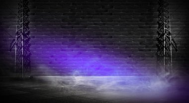 Arka plan bir boş koridor, Bodrum, tuğla, eski duvarları ve neon ışıkları ile tünel. Tuğla duvarlar, neon, duman. Boş arka plan sahne, parlak