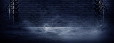 Arka plan bir boş koridor, Bodrum, tuğla, eski duvarları ve neon ışıkları ile tünel. Tuğla duvarlar, neon, duman. Boş arka plan sahne, parlak