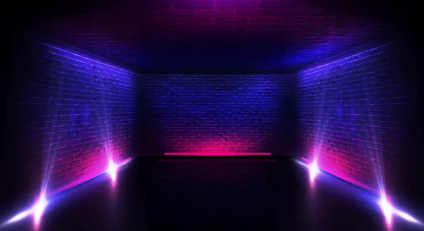 Arka plan bir boş koridor, Bodrum, tuğla, eski duvarları ve neon ışıkları ile tünel. Tuğla duvarlar, neon, duman. Boş arka plan sahne, parlak