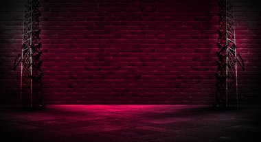 Arka plan bir boş koridor, Bodrum, tuğla, eski duvarları ve neon ışıkları ile tünel. Tuğla duvarlar, neon, duman. Boş arka plan sahne, parlak