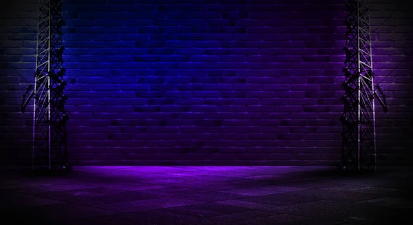 Background of an empty corridor, basement, tunnel with brick, old walls and neon lights. Brick walls, neon, smoke. Empty background scene, bright