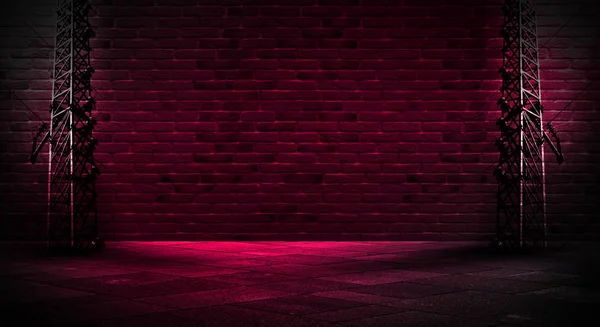 Фон Порожнього Коридору Підвалу Тунелю Цеглою Старими Стінами Неоновими Вогнями — стокове фото
