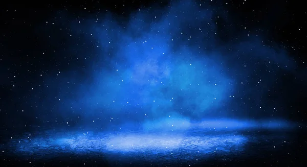 Blue misty dark background. Dark street with smoke, fog, blue spotlights, neon. Dark abstract empty background.
