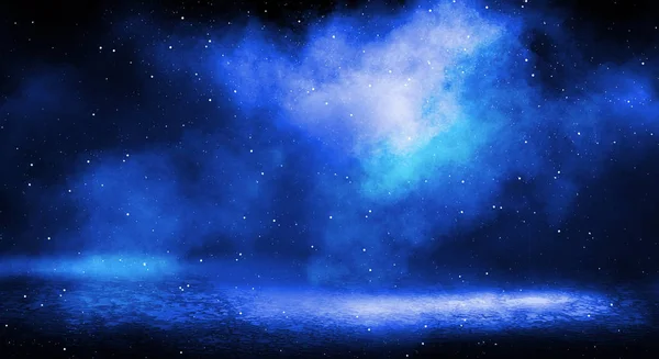 Blue misty dark background. Dark street with smoke, fog, blue spotlights, neon. Dark abstract empty background.