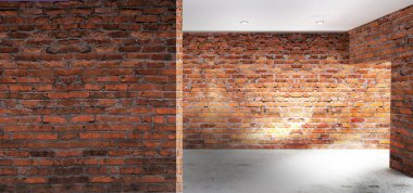 Boş oda eski tuğla duvarlar, büyük pencereler, karanlık bir odada, güneş ışığı ile. Odanın aydınlatma. 3D çizim