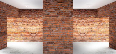 Boş oda eski tuğla duvarlar, büyük pencereler, karanlık bir odada, güneş ışığı ile. Odanın aydınlatma. 3D çizim