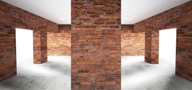 Boş oda eski tuğla duvarlar, büyük pencereler, karanlık bir odada, güneş ışığı ile. Odanın aydınlatma. 3D çizim