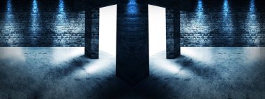 Boş oda eski tuğla duvarlar, büyük pencereler, karanlık bir odada, güneş ışığı ile. Odanın aydınlatma. 3D çizim