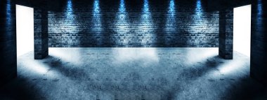 Boş oda eski tuğla duvarlar, büyük pencereler, karanlık bir odada, güneş ışığı ile. Odanın aydınlatma. 3D çizim