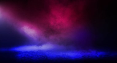 Sokağın kalın koyu arka plan sis, spot, mavi ve kırmızı neon. Neon ışıkları, gece görünümü ile arka plan.