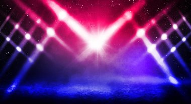 Sokağın kalın koyu arka plan sis, spot, mavi ve kırmızı neon. Neon ışıkları, gece görünümü ile arka plan.