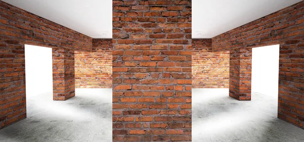 Boş oda eski tuğla duvarlar, büyük pencereler, karanlık bir odada, güneş ışığı ile. Odanın aydınlatma. 3D çizim