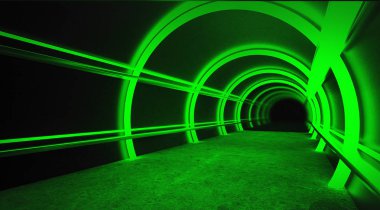 Ufo yeşil renkli neon ışıkları ve duman arka plan eğilim. Bir merdiven ile metal konstrüksiyon yeni bir ışık ile vurgulanır. 3D render