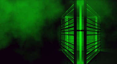 Ufo yeşil renkli neon ışıkları ve duman arka plan eğilim. Bir merdiven ile metal konstrüksiyon yeni bir ışık ile vurgulanır. 3D render