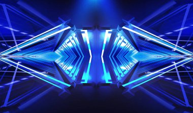 Kaleydoskop, soyut neon panoramik arka plan, mavi ve pembe rengi, siyah, ışık oyun. 3D render