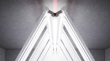 Işık tüneli, metal konstrüksiyon, ışıklar. Arka plan, beyaz neon. 3D render