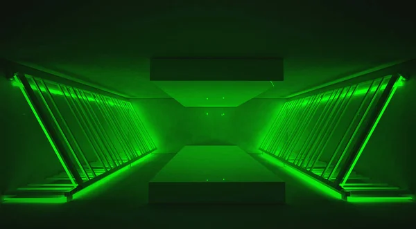 Neon lights and smoke Background trend color ufo green. The metal construction with a staircase is highlighted with a new light. 3D Rendering