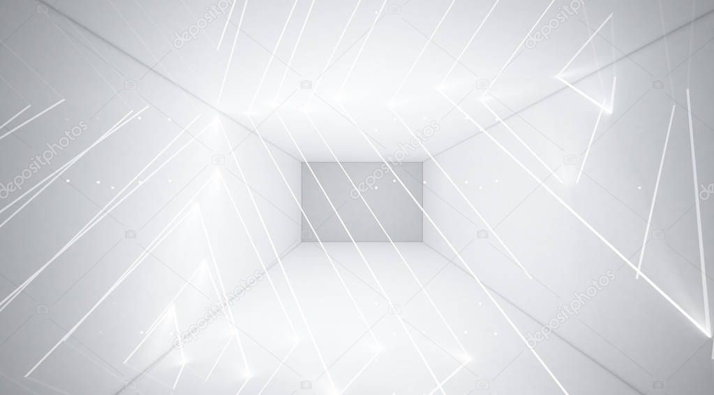 Light tunnel, metal construction, lights. Abstract background, white neon. 3D Rendering