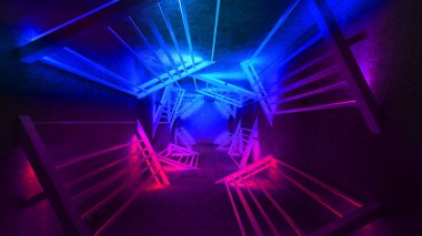 Neon arka plan, ışınları ve olayları, metal konstrüksiyon ile mavi neon ışıklı. Soyut boş sahne arka plan. 3D render