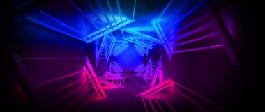 Neon arka plan, ışınları ve olayları, metal konstrüksiyon ile mavi neon ışıklı. Soyut boş sahne arka plan. 3D render
