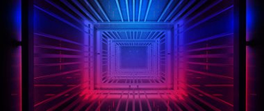 Neon arka plan, ışınları ve olayları, metal konstrüksiyon ile mavi neon ışıklı. Soyut boş sahne arka plan. 3D render