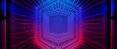Neon arka plan, ışınları ve olayları, metal konstrüksiyon ile mavi neon ışıklı. Soyut boş sahne arka plan. 3D render
