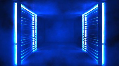 Neon arka plan, ışınları ve olayları, metal konstrüksiyon ile mavi neon ışıklı. Soyut boş sahne arka plan. 3D render