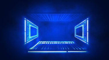 Neon arka plan, ışınları ve olayları, metal konstrüksiyon ile mavi neon ışıklı. Soyut boş sahne arka plan. 3D render