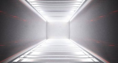 Siyah tünel, siyah parlak, neon lambaları tavandan asılı duvarlar ve zemin yansıtıyordu. Koridor gece manzarası. Soyut karanlık salonu iç arka plan. 3D render