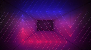 Siyah tünel, siyah parlak, neon lambaları tavandan asılı duvarlar ve zemin yansıtıyordu. Koridor gece manzarası. Soyut karanlık salonu iç arka plan. 3D render