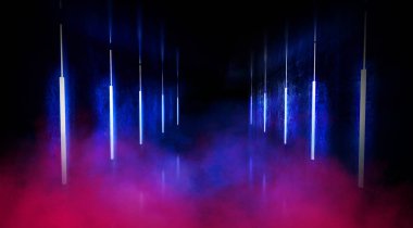 Siyah tünel, siyah parlak, neon lambaları tavandan asılı duvarlar ve zemin yansıtıyordu. Koridor gece manzarası. Soyut karanlık salonu iç arka plan. 3D render