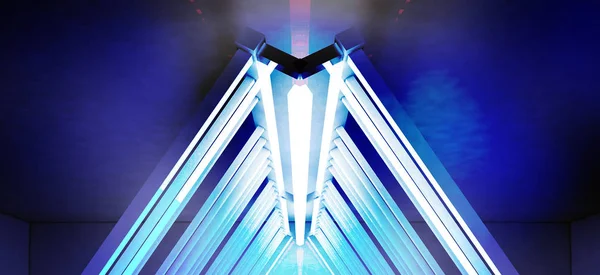 三角形の金属の構造は 新たな光 厚い煙 スモッグによって強調表示されます 反射をトンネル レンダリング — ストック写真