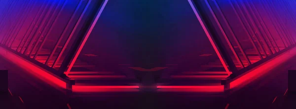金属结构 格子是用一个新的光 蓝色和红色的霓虹灯 烟雾照亮 隧道走廊 反射3D — 图库照片