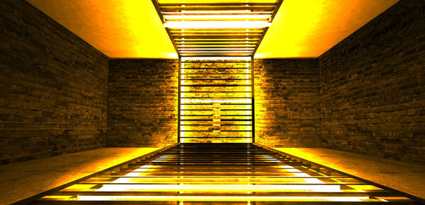 Empty Tunnel Corridor Vibrant Colors blue Background. Rectangular metal construction illuminated by neon LED lamps. Brick wall with neon light. 3D Rendering.